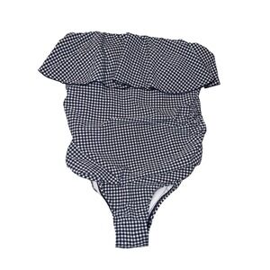 Kona Sol Womens Navy Gingham Ruffle Off Shoulder One Piece Swimsuit 16W Plus